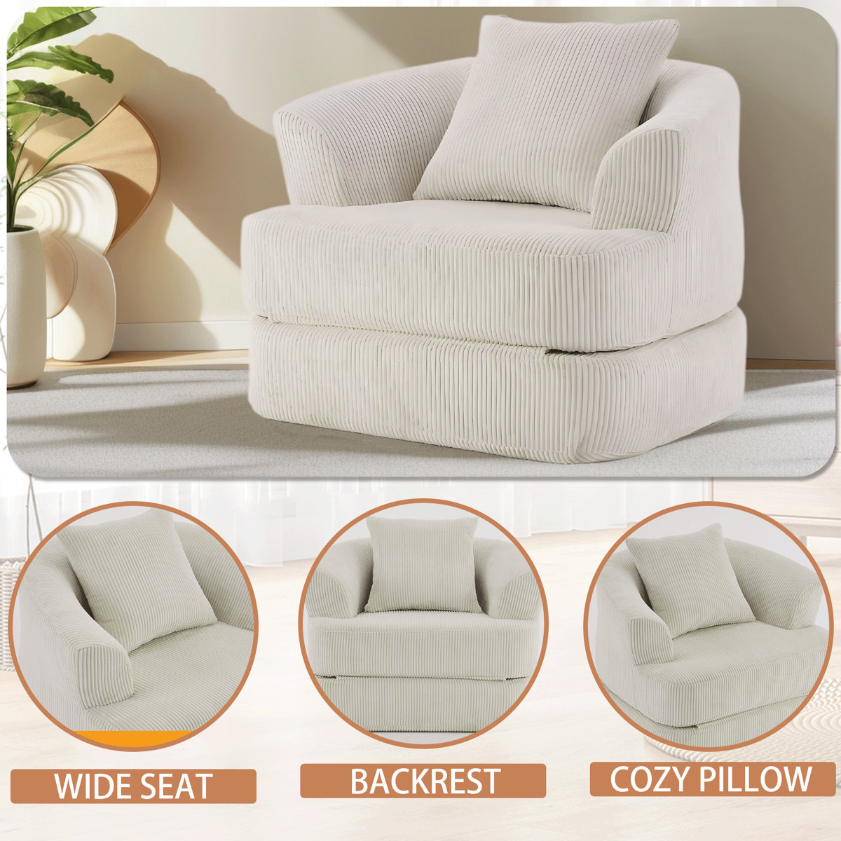 Oversized Upholstered Convertible Accent Barrel Chair